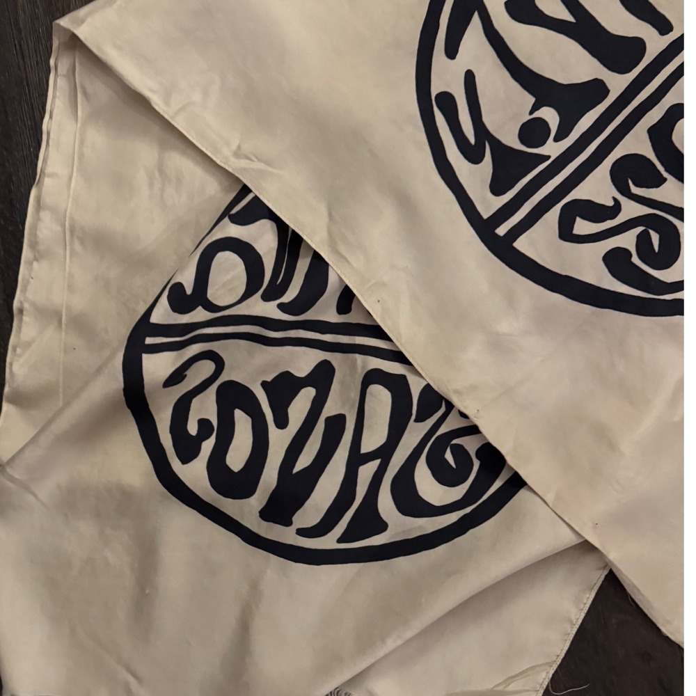 L'Yvana Sanoe Cream Silk Graphic Print Scarf with Eyelash Fringe 17x47